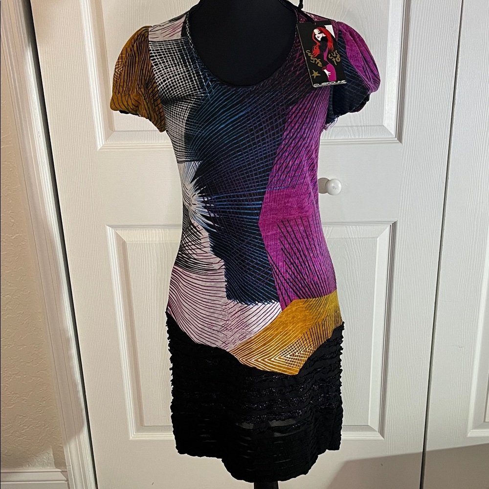 Custo Barcelona Black Pink Blue Mini Dress Ruffle Hem Suity Black Sz 2